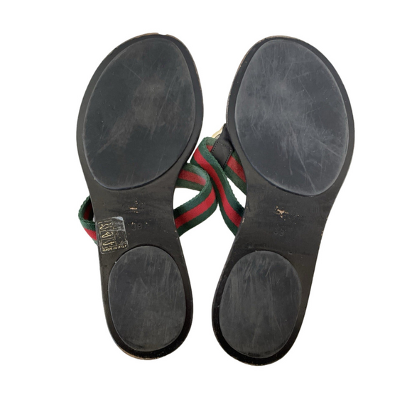 Gucci Interlocking GG Red Green Web Stripe Black Flat Thong Sandal Sz 38 US 8 - Picture 4 of 7